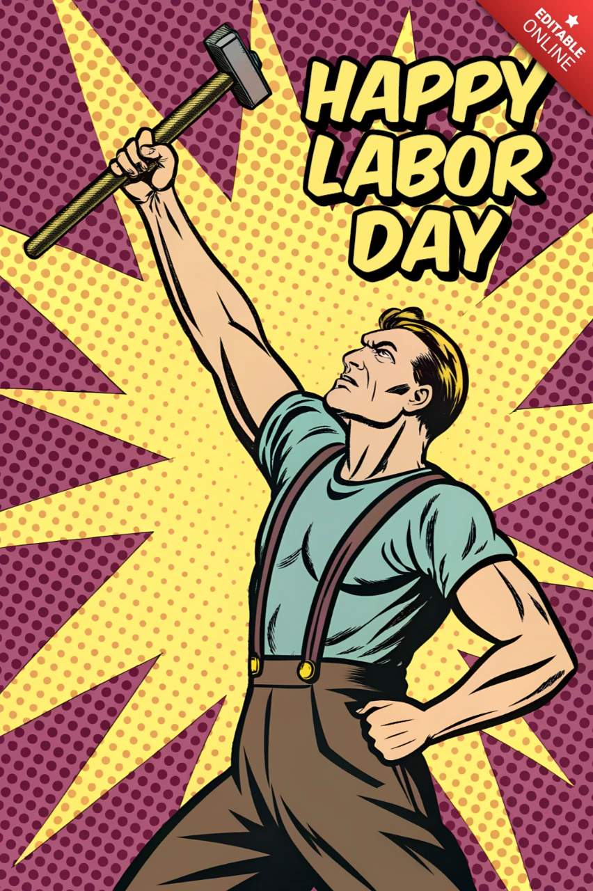 ポップアート労働の日祝いテンプレート、ポスター用の力強い労働者デザイン