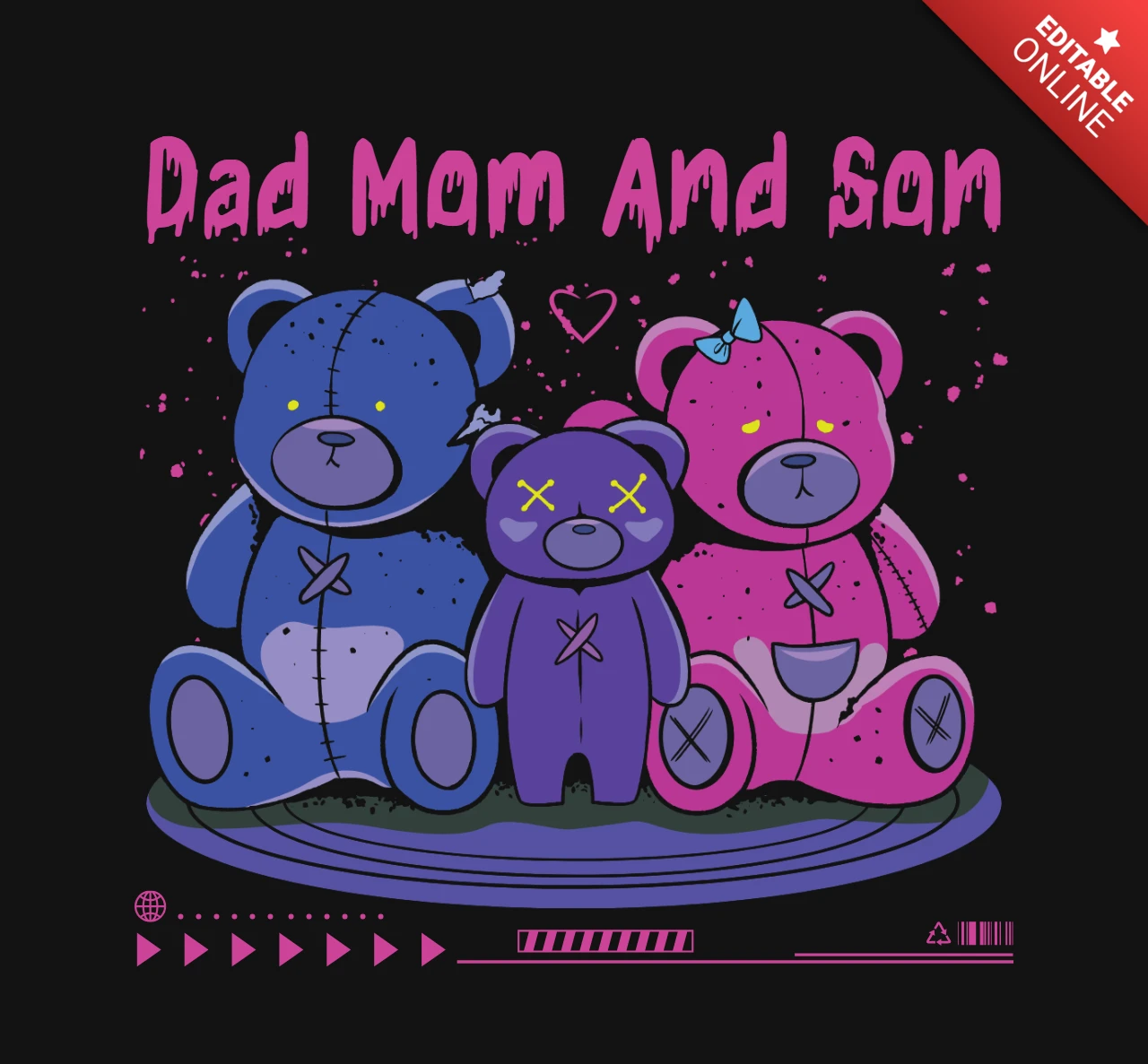 Maglietta con design grafico di un trio di cartoni animati grunge teddy di una famiglia spezzata con punti e cuore simbolico.