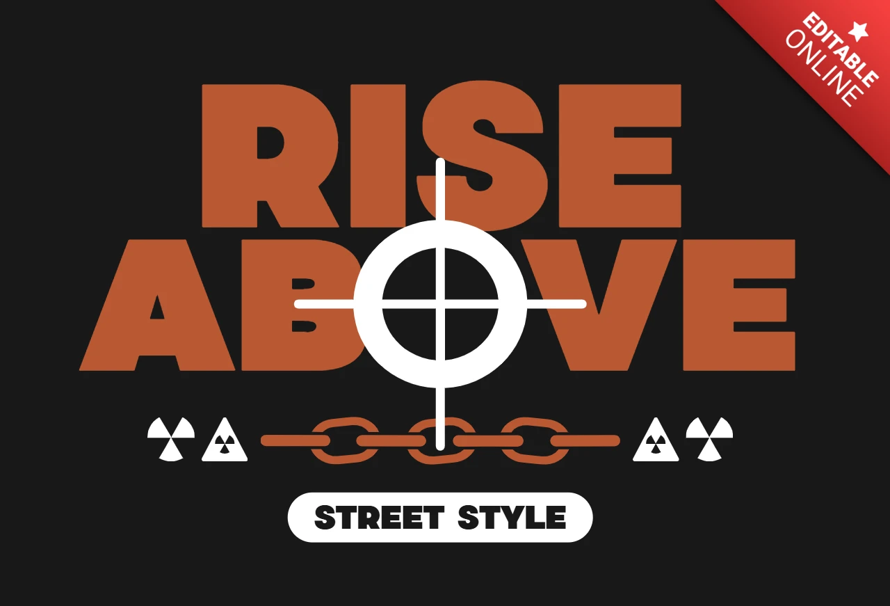 壊れたチェーン、放射線シンボル、クロスヘアアイコンをあしらった大胆なストリートウェアグラフィックのTシャツデザインテンプレート