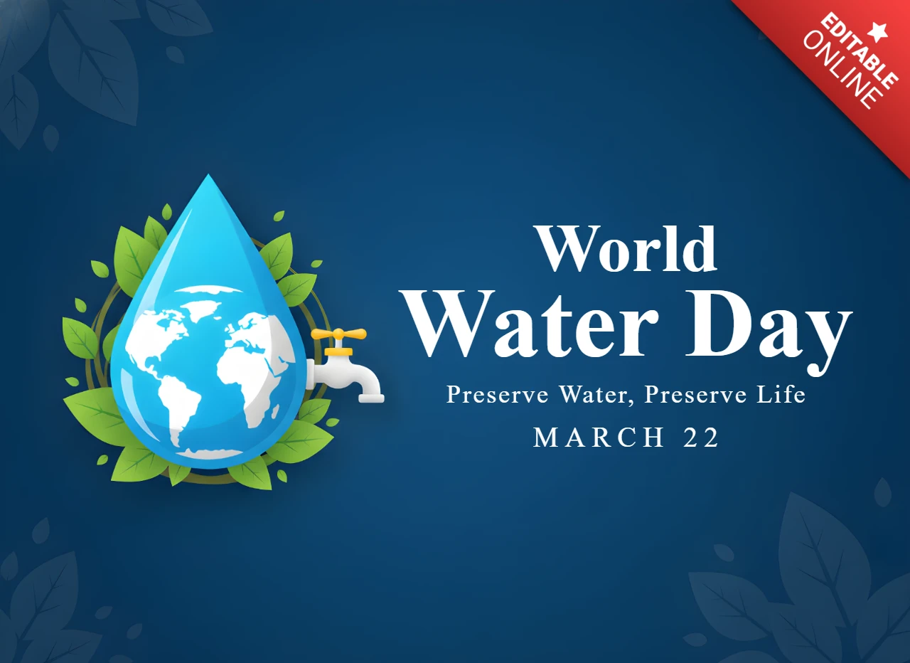 Póster decorativo del Día Mundial del Agua con hojas, gota y tema de conservación