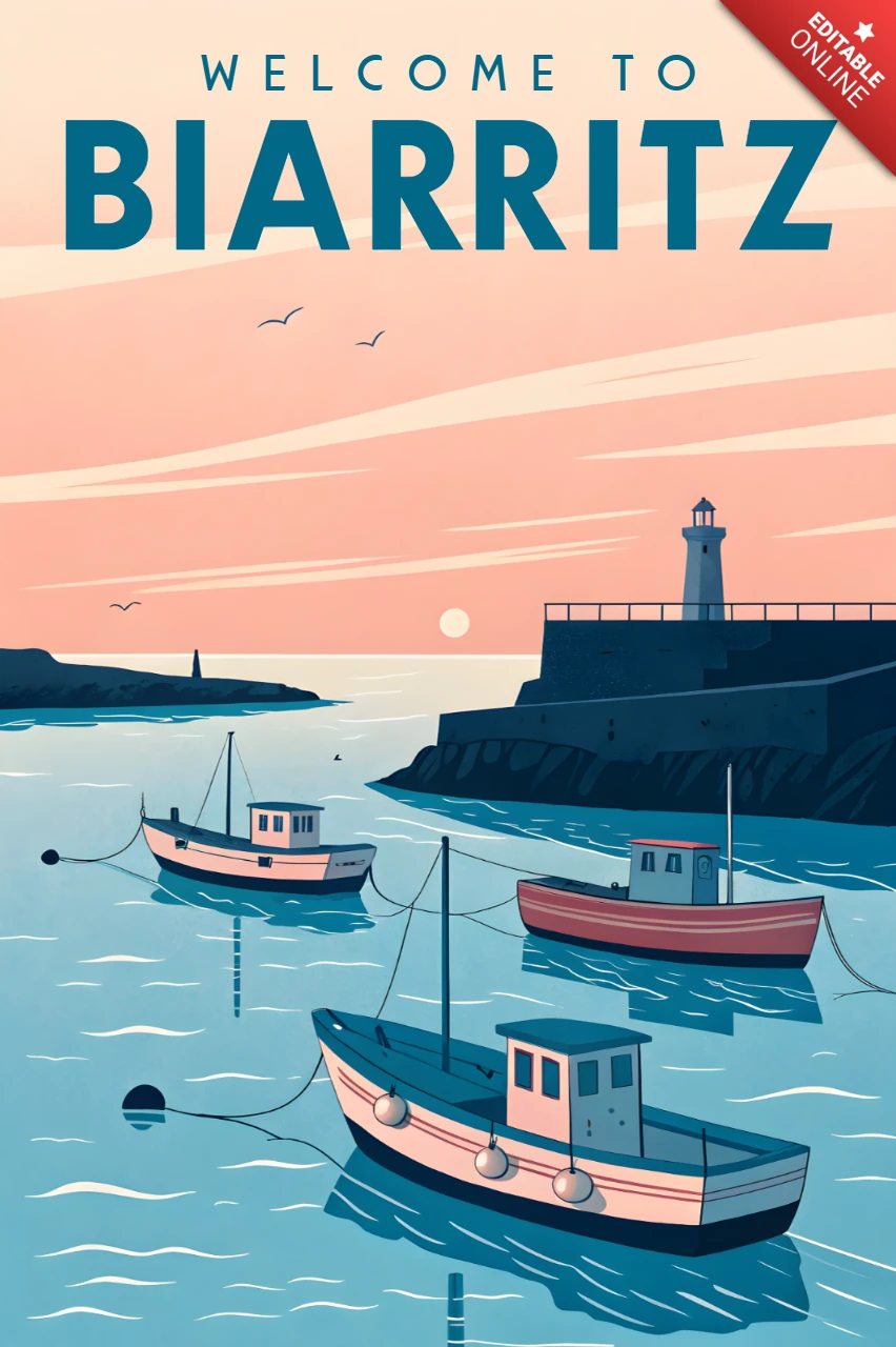Vintage Biarritz Boote Designvorlage für Reiseposter
