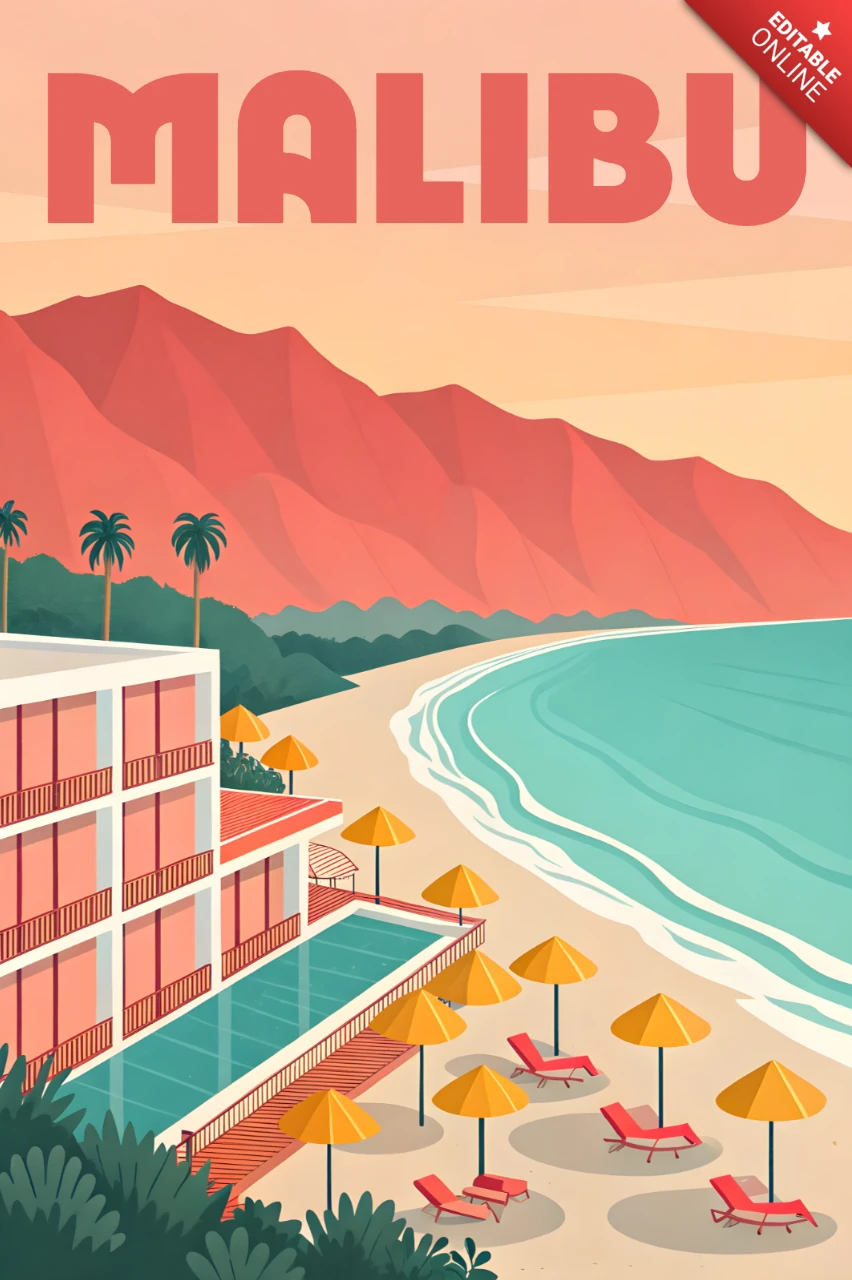 Malibu Strand Retro-Flat-Design-Vorlage für Reiseposter