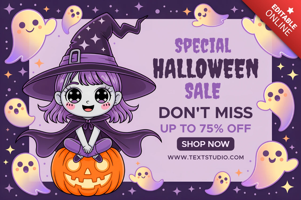 Editable Halloween Sale Template with Cute Manga Witch Design for Posters and Promotions