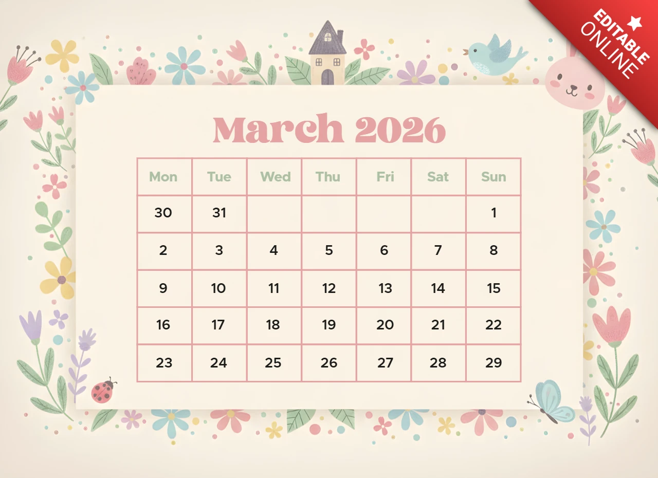 Pôster decorativo de calendário de março de 2026 com borda floral e tema de primavera