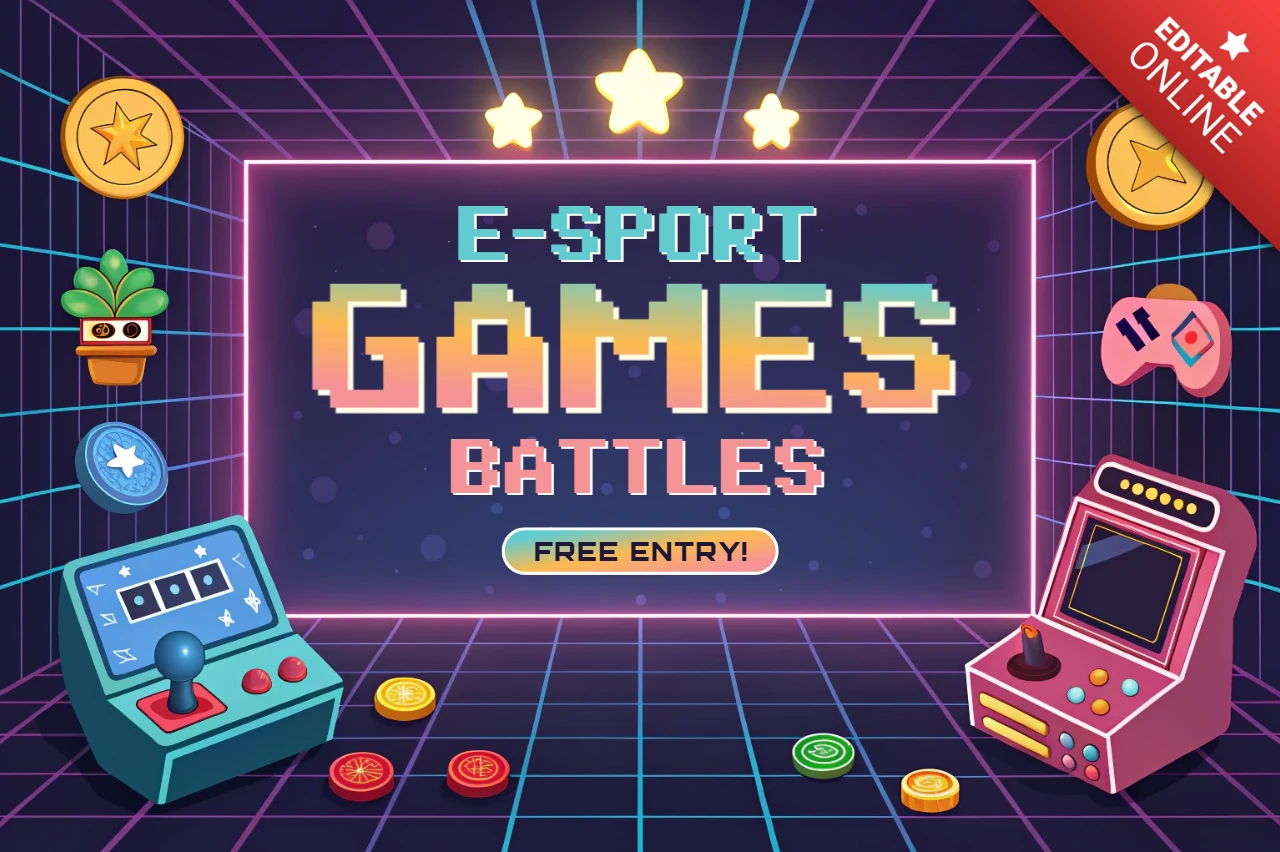 Modelo de design de arte pixel retro para pôsteres de batalha de jogos e-sport