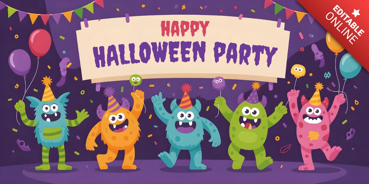 ハロウィンモンスターパーティーのカートゥーンクリーチャー、バルーン&コンフェッティのお祝い Facebook カバーデザインテンプレート