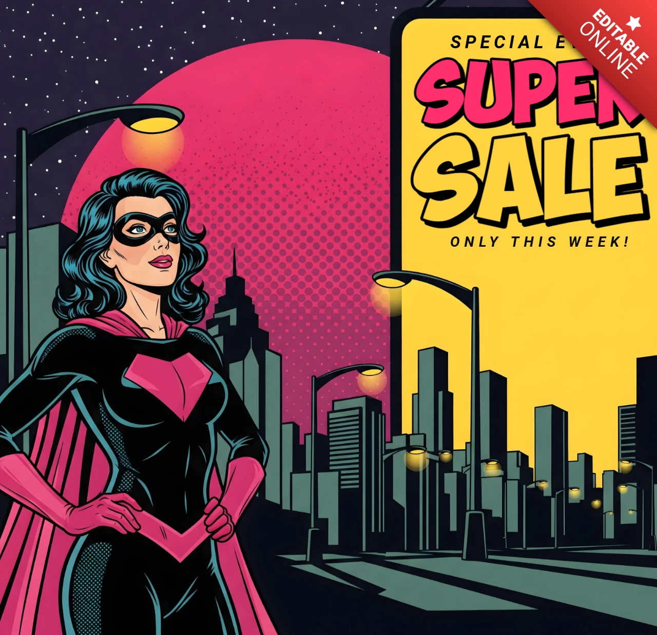 Plantilla de diseño de banner de escena nocturna al estilo de cómic de venta de superhéroes con heroína para volantes promocionales.
