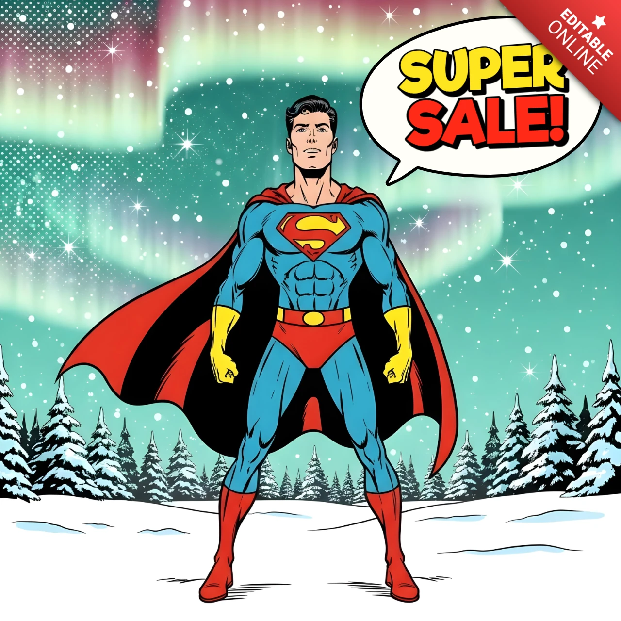 Aurora superhero komiksowy styl scenerii śnieżnej z wybuchem super wyprzedaży i wzorem lasu sosnowego do szablonów ulotek promocyjnych