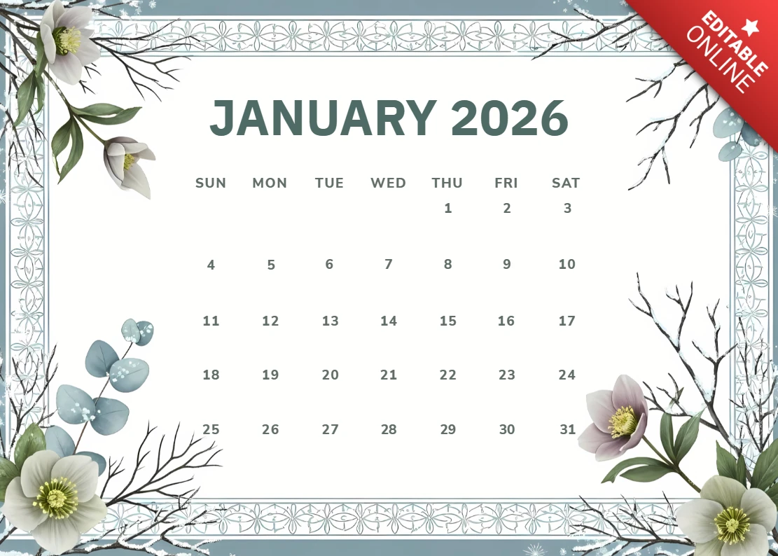 Floral Calendar Template Design for January 2026 with Elegant Botanical Elements
