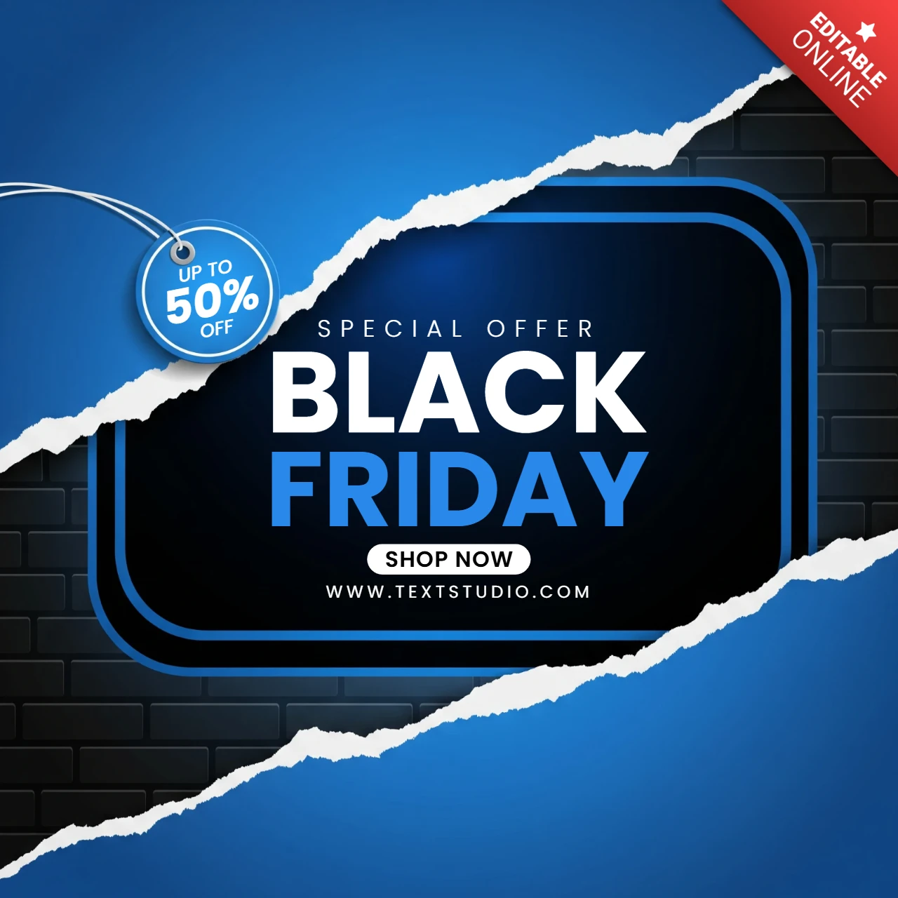 Affiche moderne du Black Friday thème bleu et noir avec effet de papier déchiré et mise en avant d'une réduction allant jusqu'à 50 % modèle de design pour promotionnel
