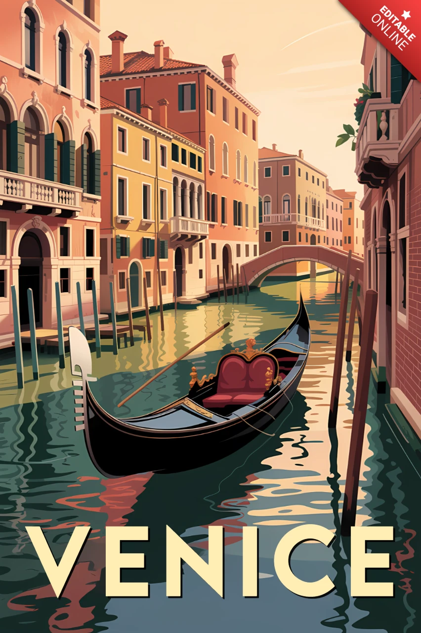 Ilustração de gôndola de Veneza para pôsteres de viagem retro em estilo flat e template de souvenirs.