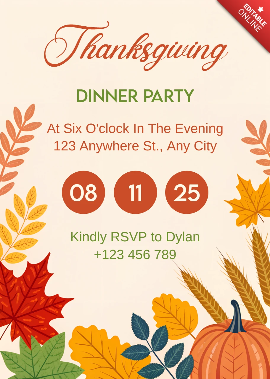 Thanksgiving Dinner Party Invitation Template with Autumn Leaves and Pumpkin Design