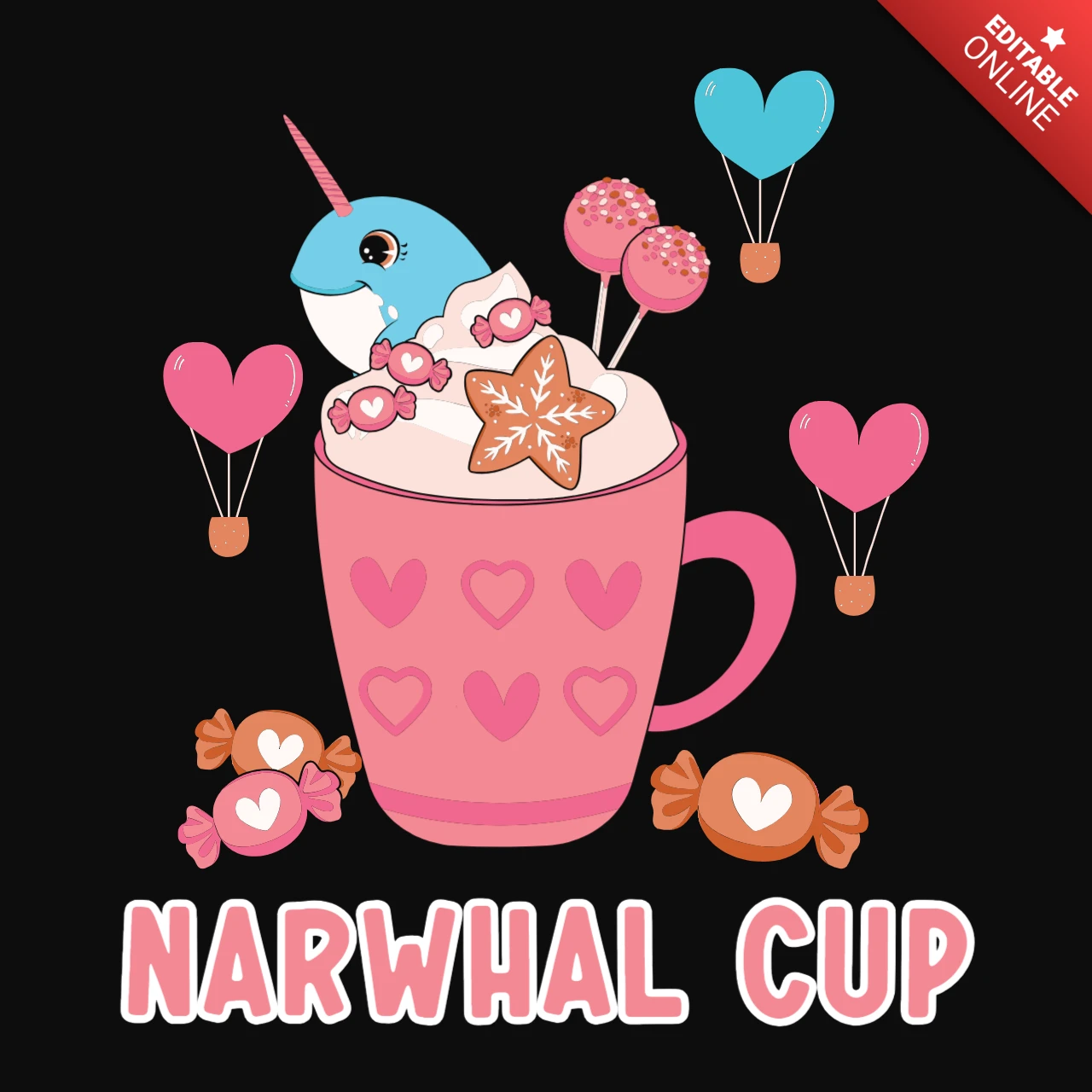 Plantilla de camiseta de San Valentín con narval y capuchino