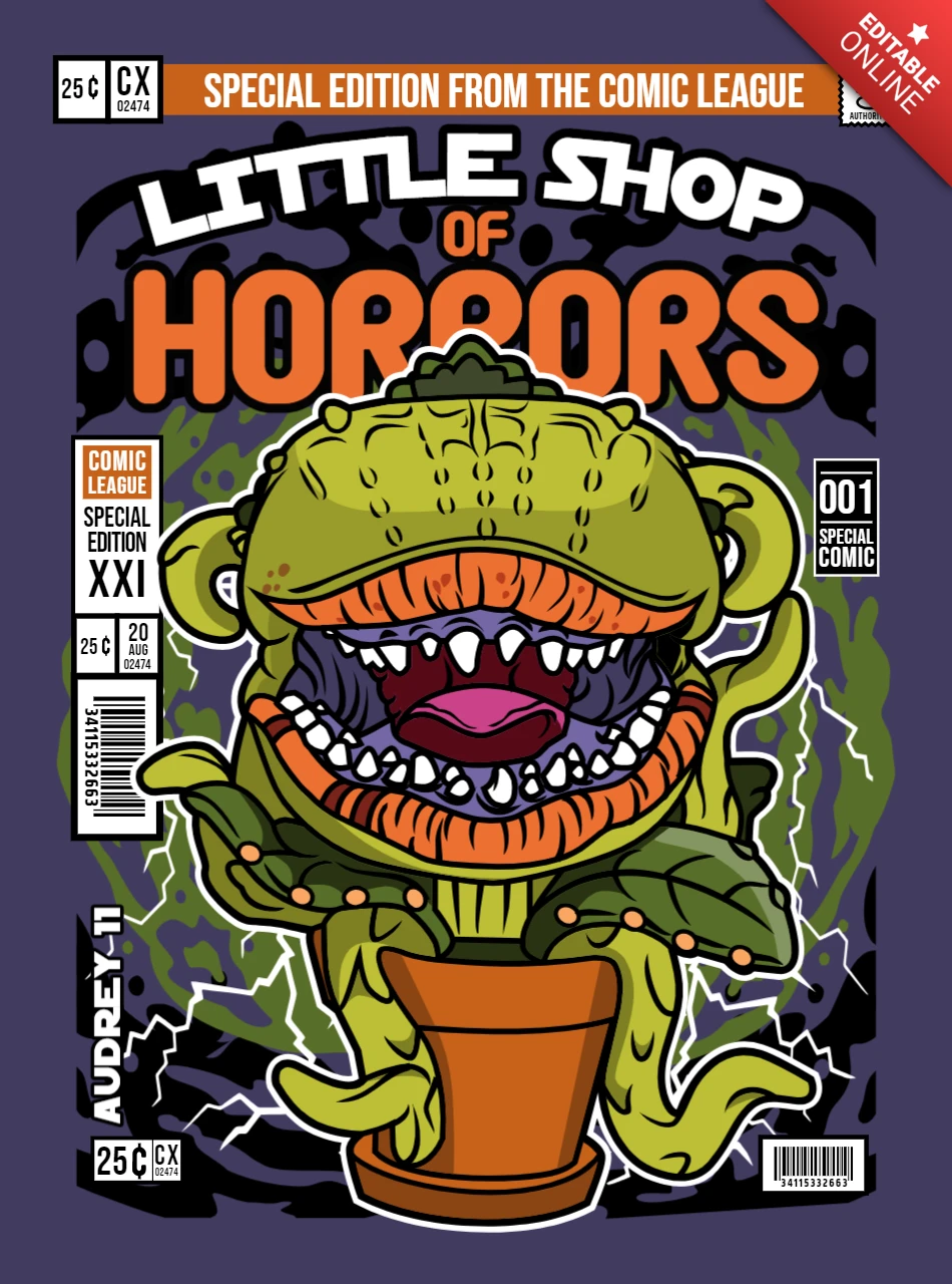 Little shop of horrors personaje de dibujos animados plantilla de diseño de portada de revista