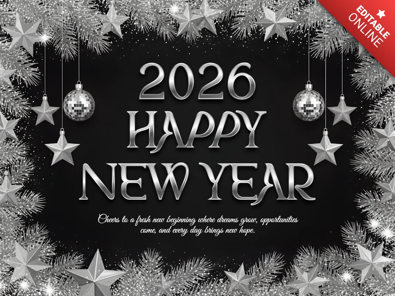 Template elegante de celebração de ano novo com design de estrelas prateadas e bolas de disco para convites de festa.