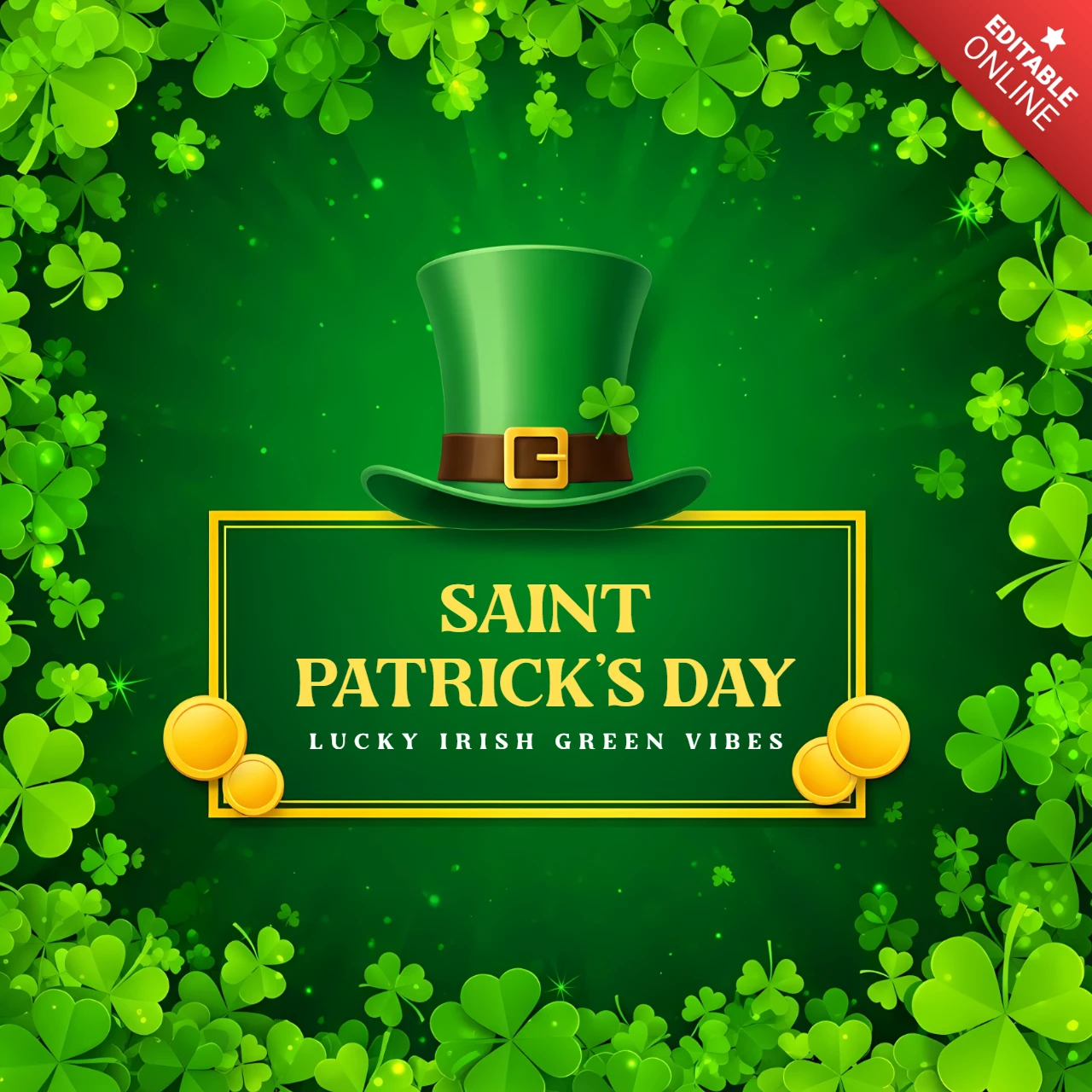 Designvorlage für den St. Patrick's Day mit glücklichem Hut und grünem Kleeblatt für festliche Grußkarten.