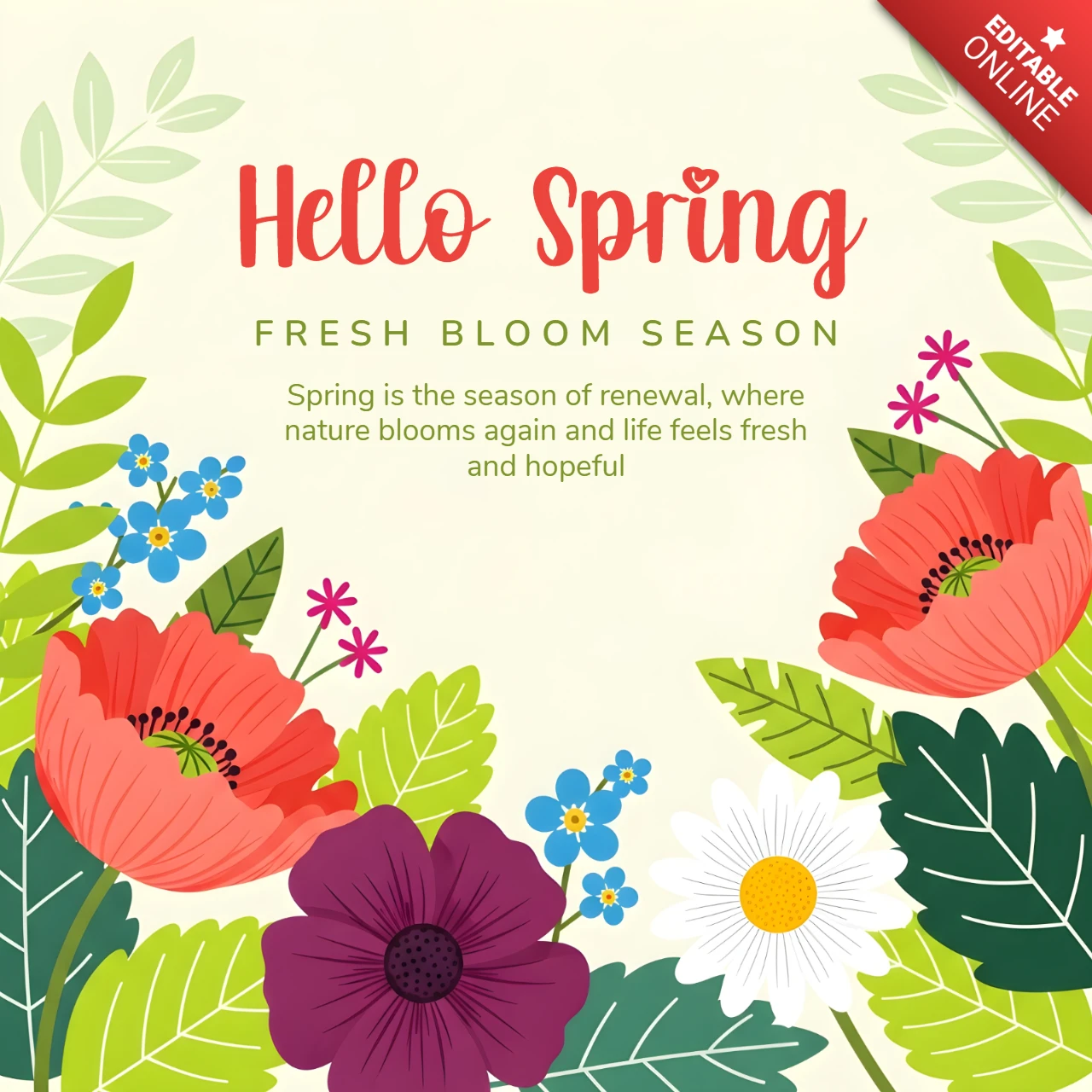 Spring Floral Design Template for Greeting Cards with Fresh Bloom Elements