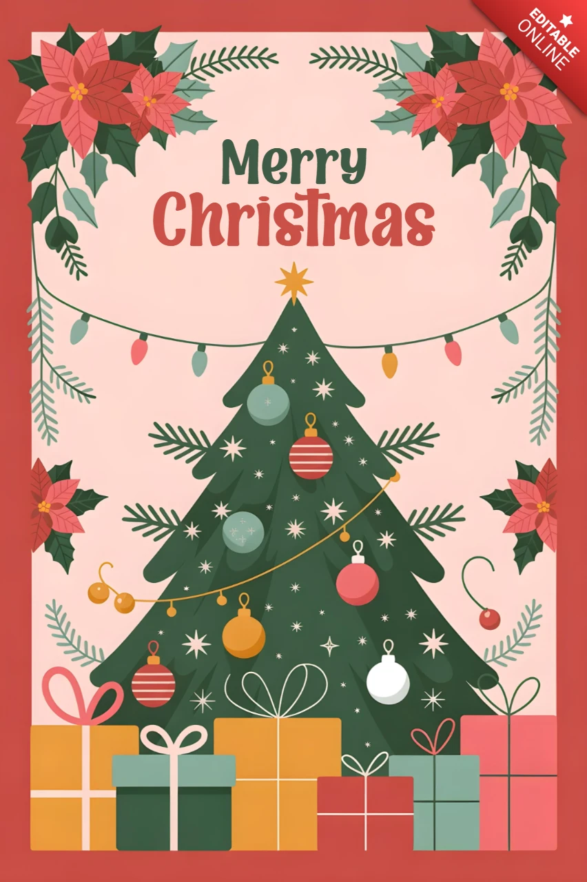 季節の挨拶カード、プレゼント、ライト、そしてポインセチアに囲まれたクリスマスツリー、華やかな背景の上に