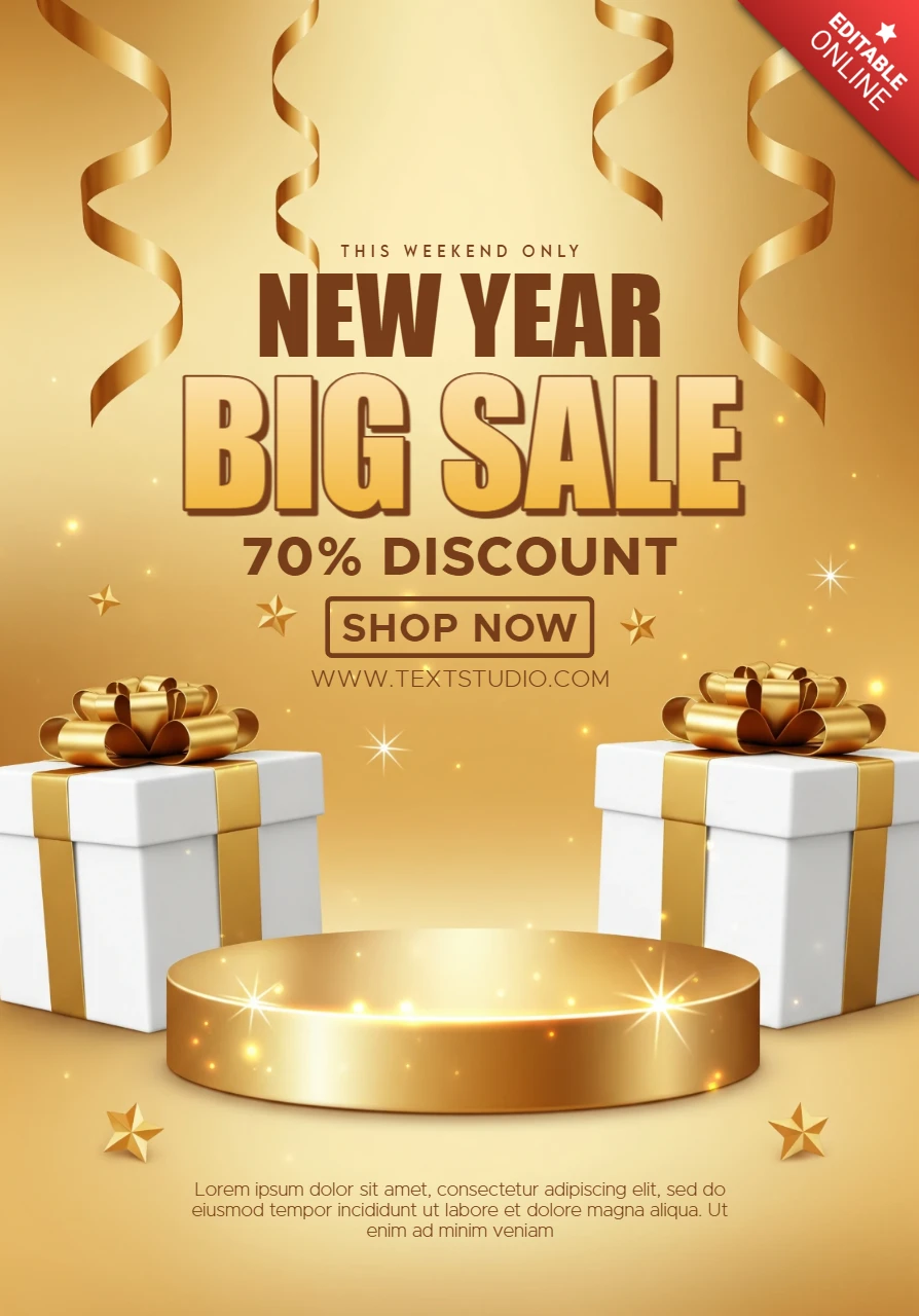 New Year Promotion Template Festive Weekend Sale with Gold Ribbons and Elegant Typography