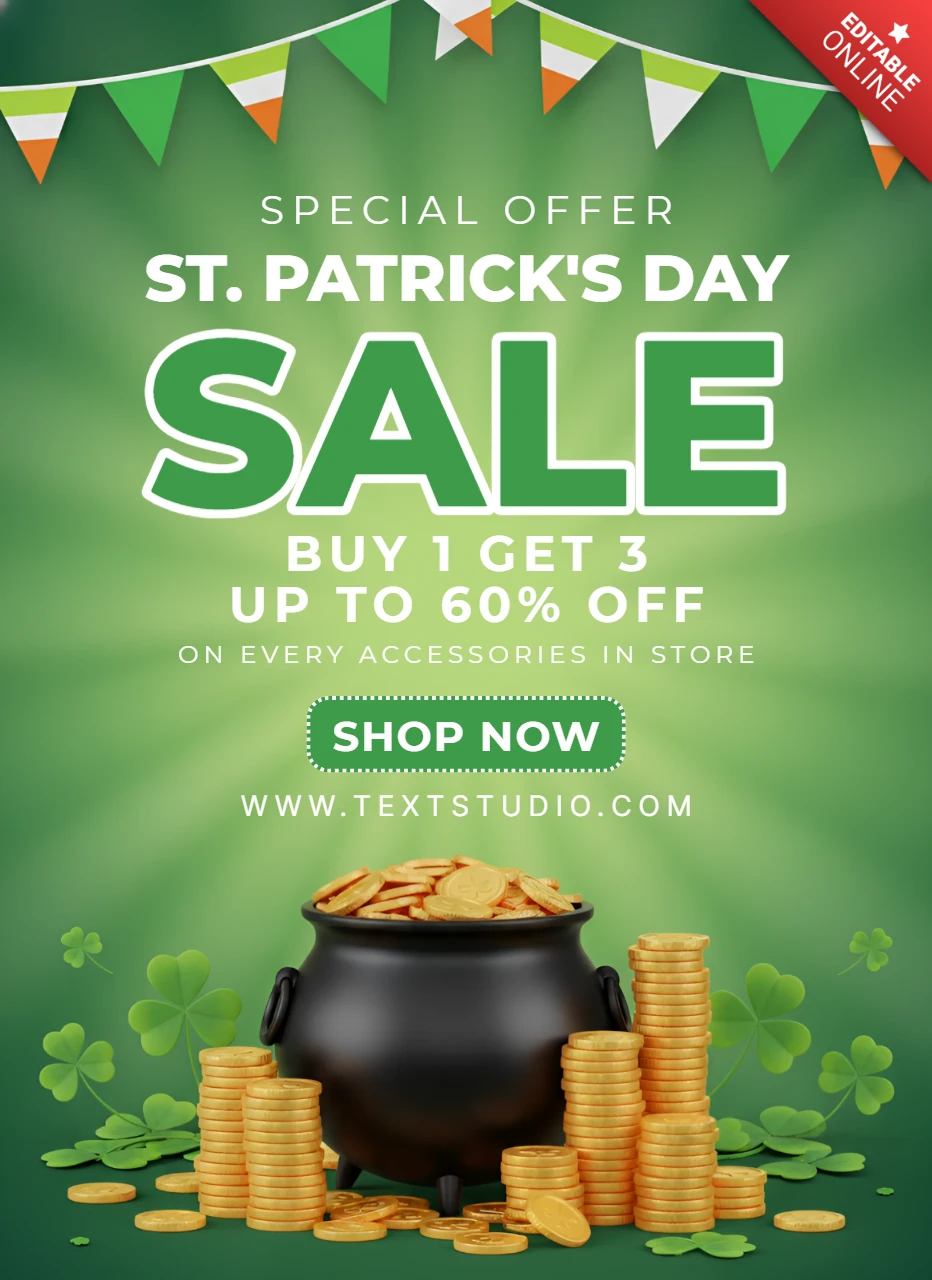Plakatdesignvorlage für die Feier zum St. Patrick's Day mit Kleeblättern, Leprechaun-Hut und Kauf 1, erhalte 3 Angebot