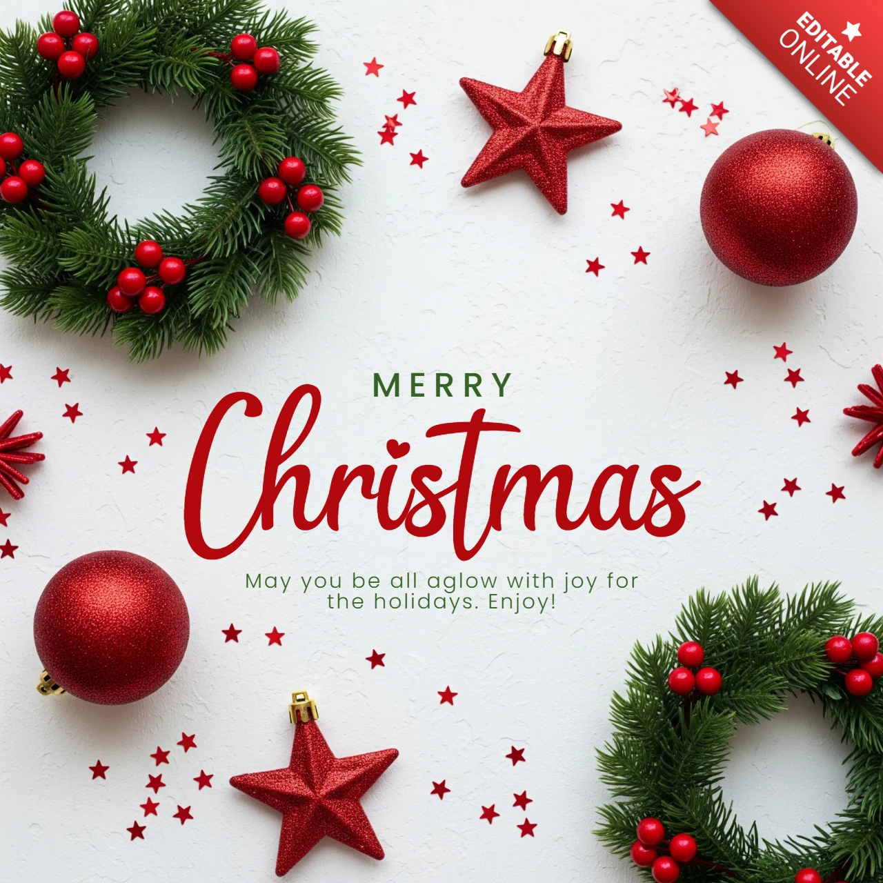 Cartão de Natal decorativo com guirlanda, bolas e estrelas emoldurando um alegre design de saudação natalina.