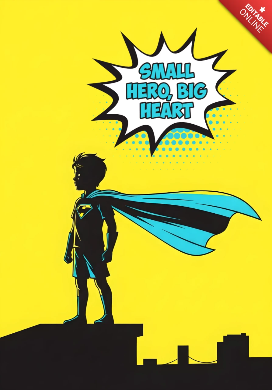 Silhouette di un bambino supereroe coraggioso con un poster di design con cielo giallo audace