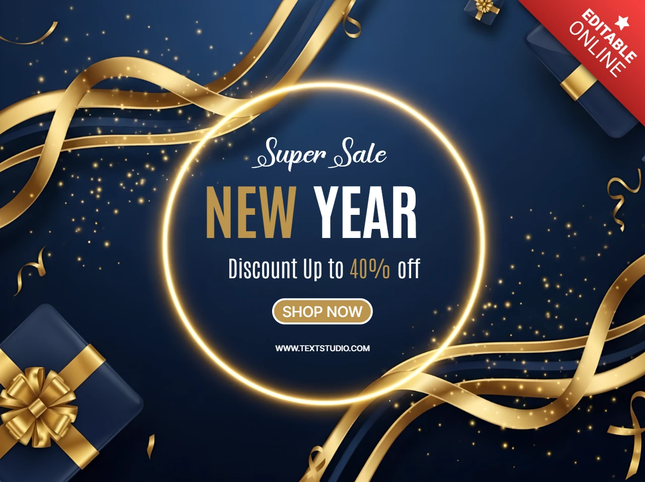 Neujahrsverkaufsdesignvorlage mit Geschenkkisten und goldenen Bändern für Werbeflyer