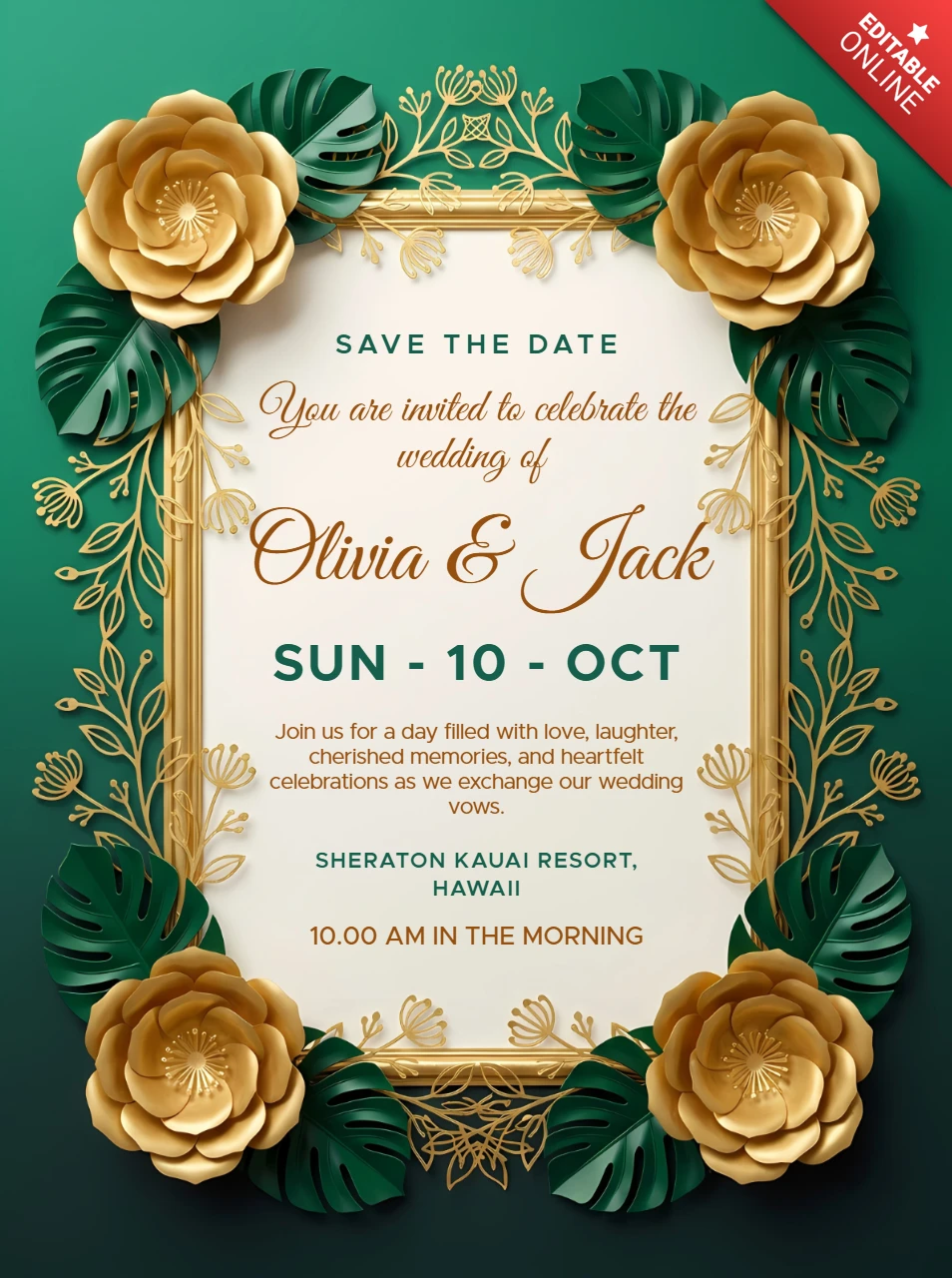 Luxury Green and Gold Wedding Invitation Card Template with Elegant Floral Frame and Tropical Leaves