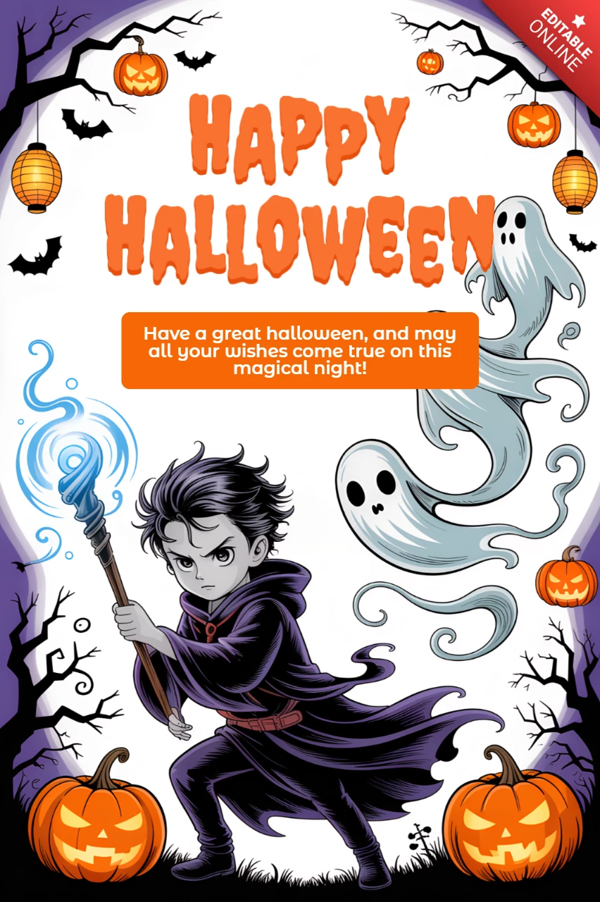 Template de design de Halloween assustador com mago e fantasmas para convites de festa
