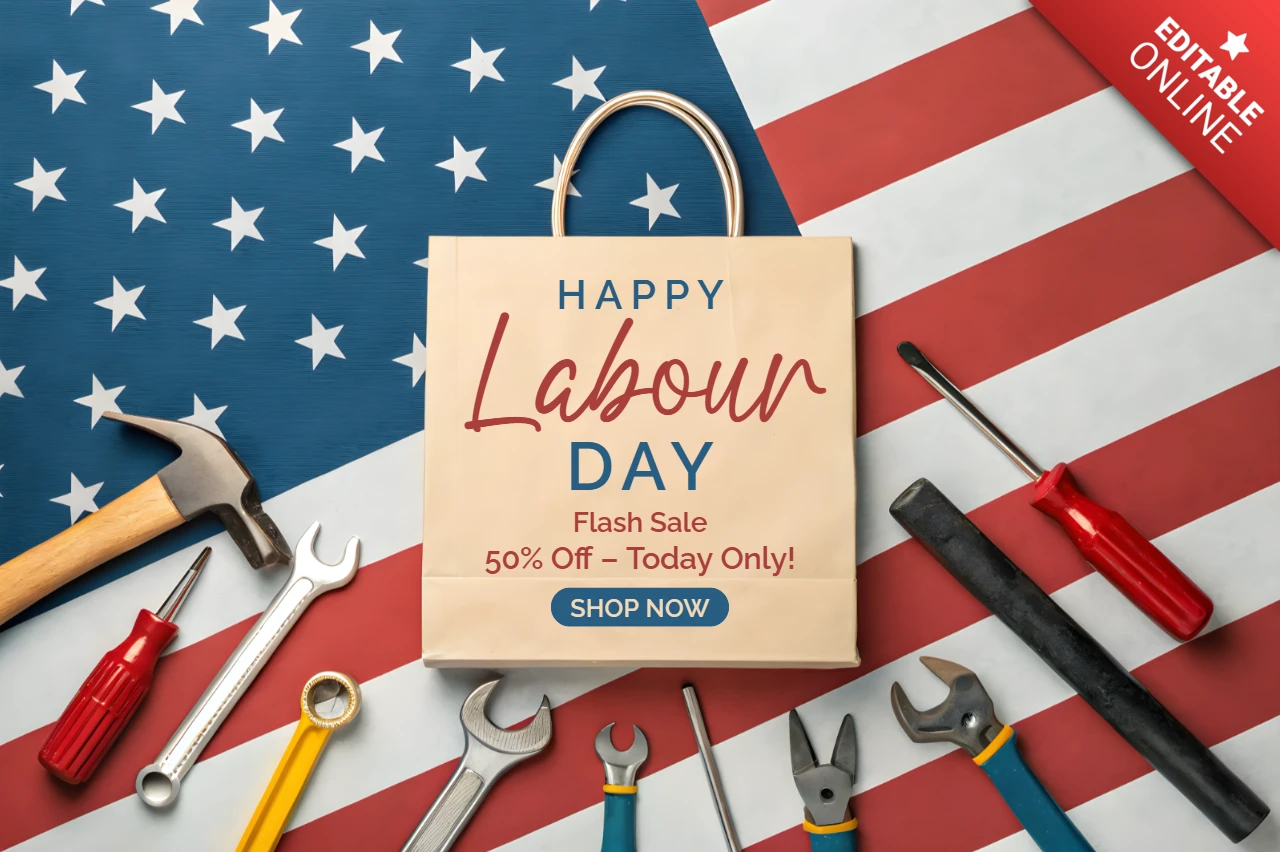 Patriottische werkdag verkoop ontwerpsjabloon met tools en Amerikaanse vlag thema