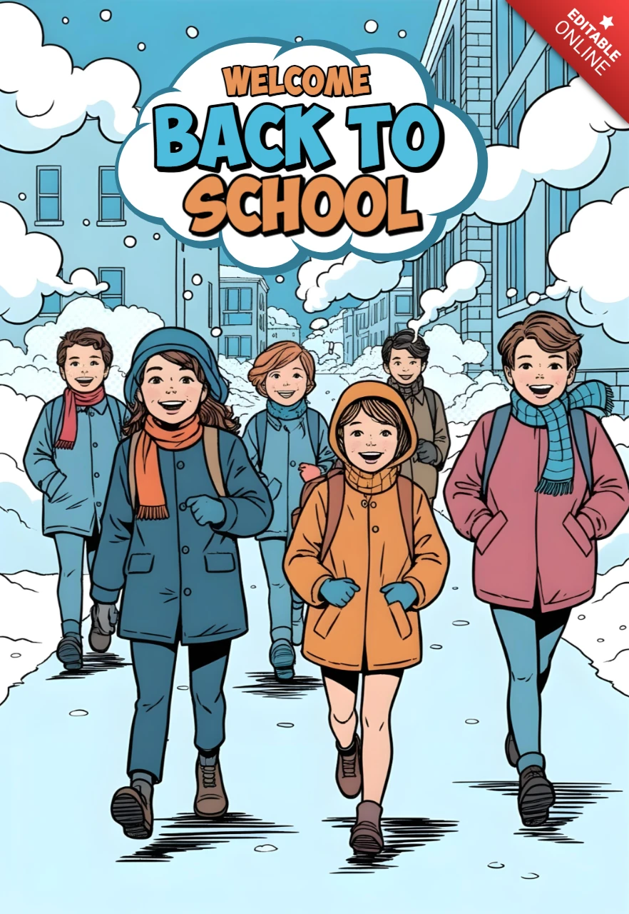 Retour à l'école, des élèves marchant dans une rue de la ville enneigée avec des manteaux d'hiver et des sacs à dos, modèle de design d'affiche.