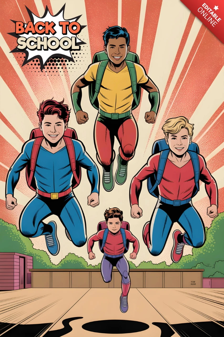 Back to School Superhero Students Flying in V-Formation Over School Building Poster Design Template
