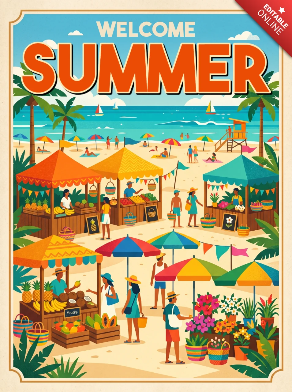 Cartel vintage de vacaciones de verano con palmeras, puestos de mercado, sombrillas coloridas, veleros y escena nostálgica de playa tropical