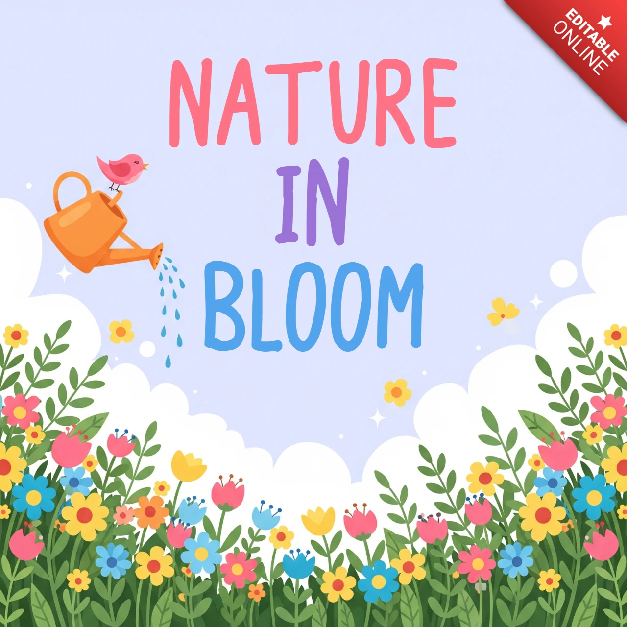 Floral Spring Greeting Card Design with Watering Can, Bird, and Colorful Blossoms