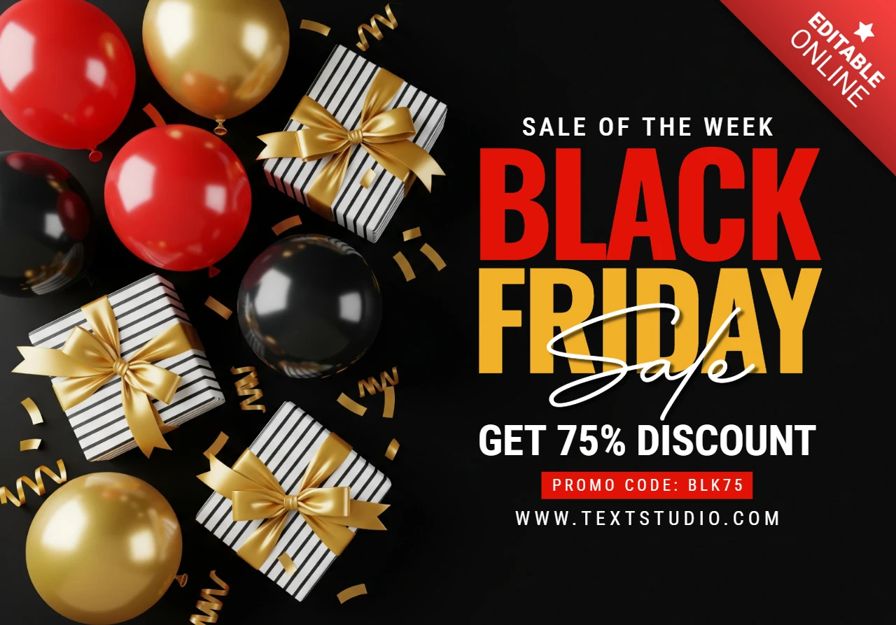Eye-Catching Black Friday Sale Design Ribboned Gift Box and Gold Balloon Cluster on Dark Festive Background Template for Promotional Flyers