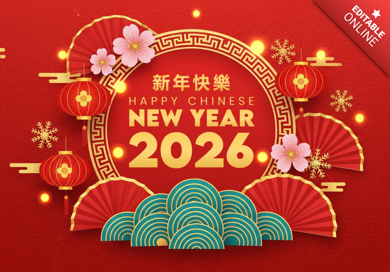 Frohes chinesisches Neujahr 2026 Grußkarte roter Hintergrund mit Laternen, Fächern, Kirschblüten und goldenen Akzenten