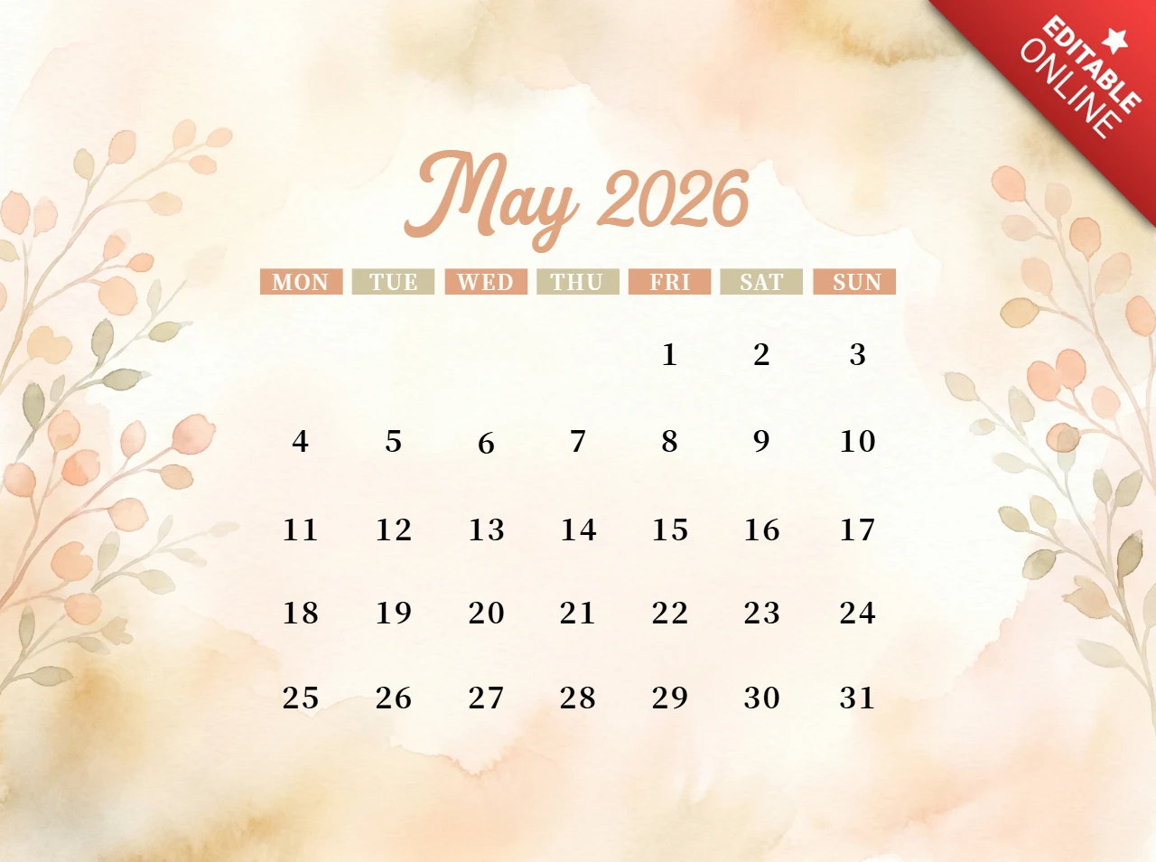 May 2026 Calendar Poster - Soft Watercolor Pastel Background with Floral Branches