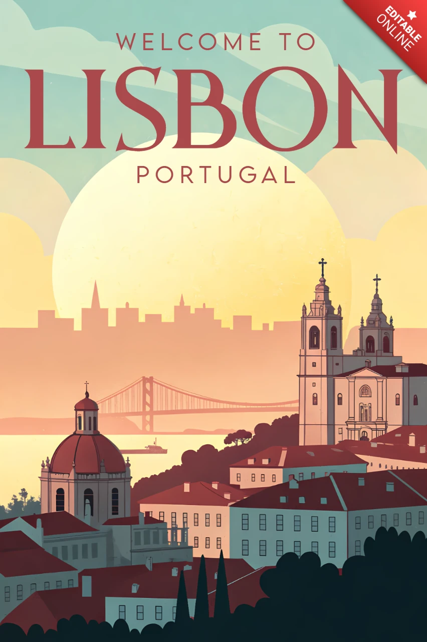Lisbon Cityscape Vintage Design Template for Travel Posters