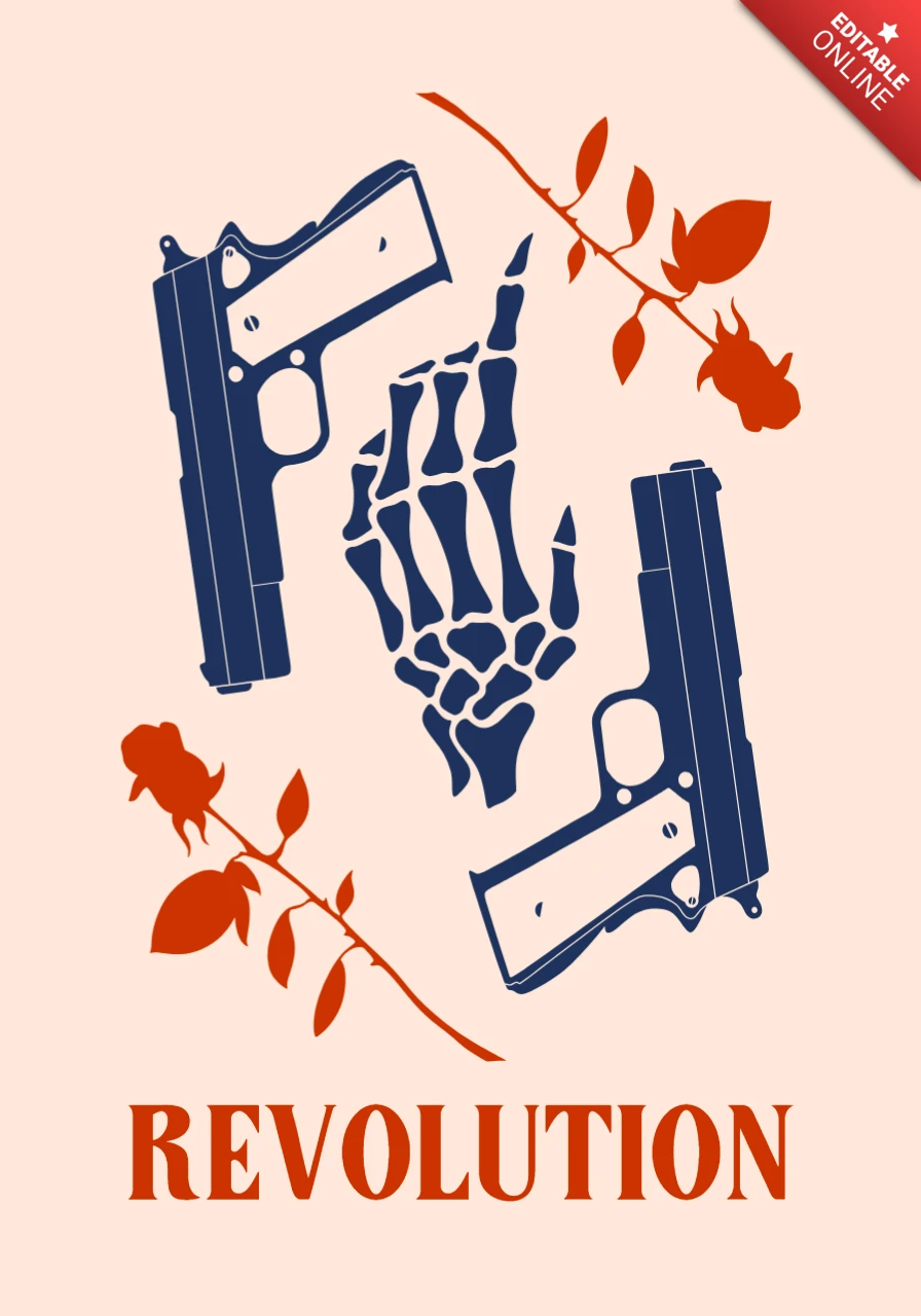 Plantilla de diseño revolucionario de arma y mano esquelética para ropa y mercancía