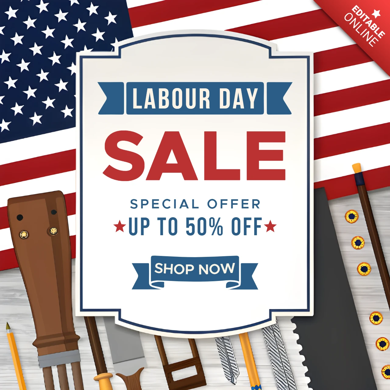 Patriotic Labour Day Sale Template Design with Tools and American Flag Elements