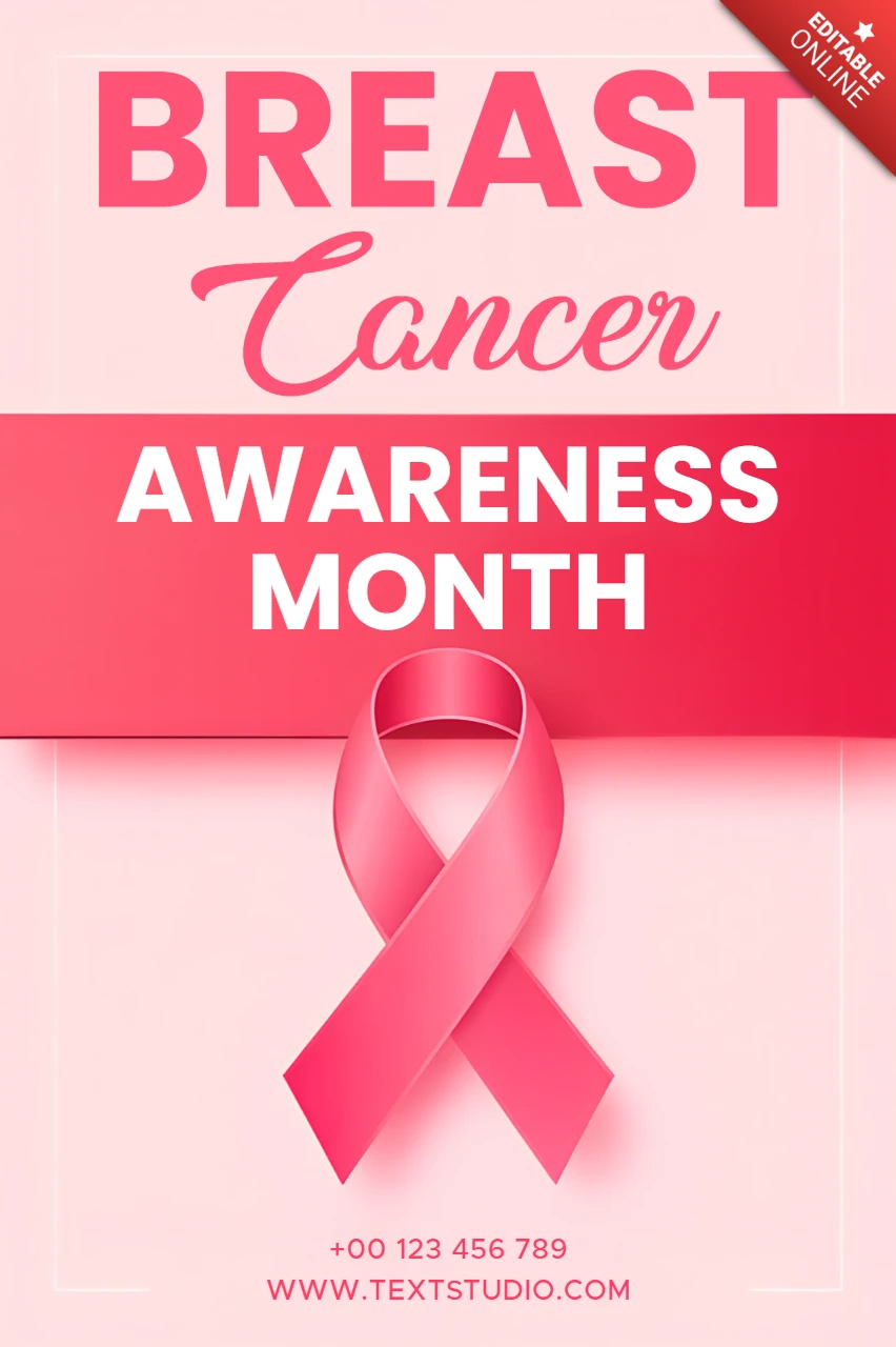 Plantilla de mes de concienciación sobre el cáncer de mama con diseño de cinta rosa para carteles.