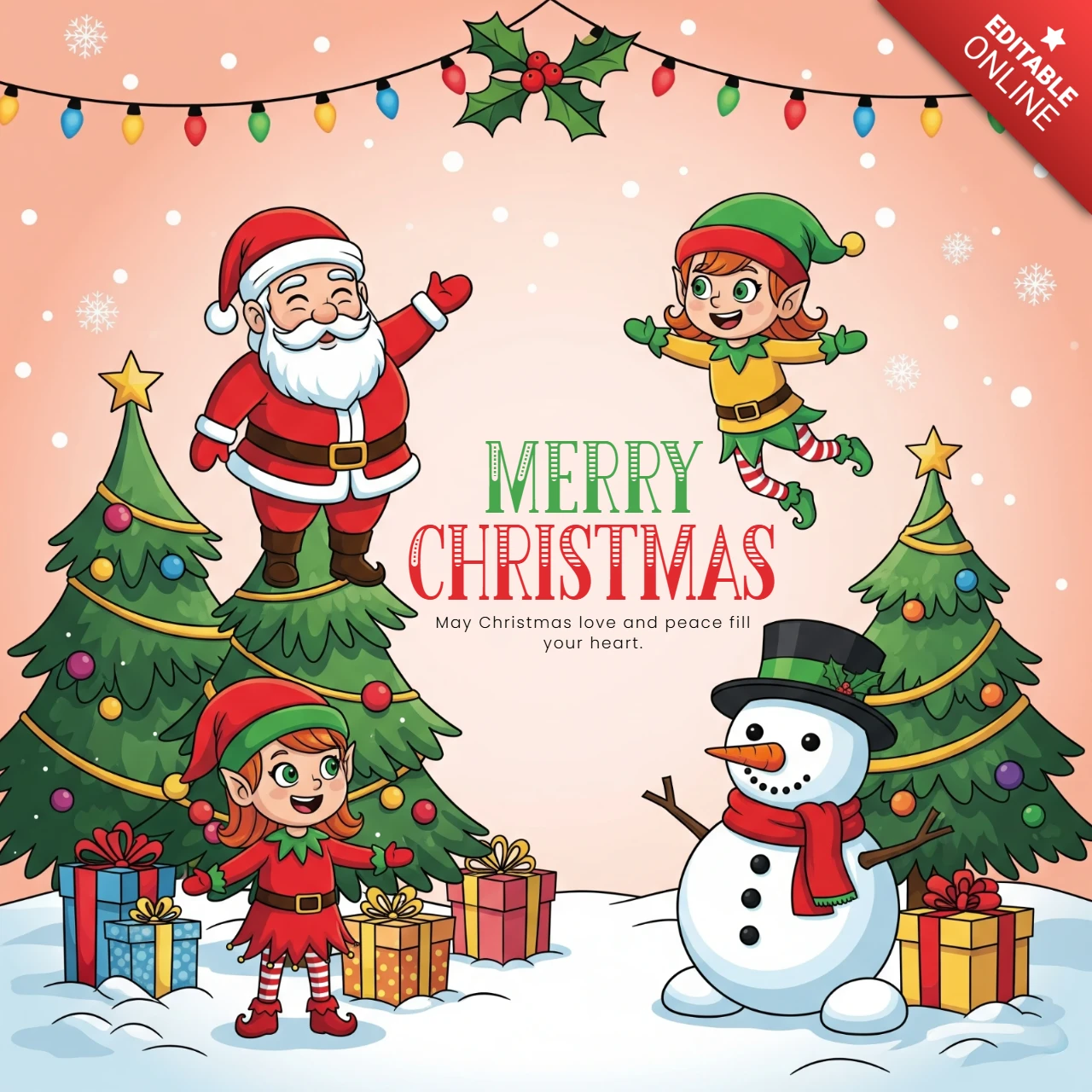 Cartão de Natal com Papai Noel, elfos e boneco de neve em cena festiva com árvore, presentes e desejos de paz, modelo de design de pôster.