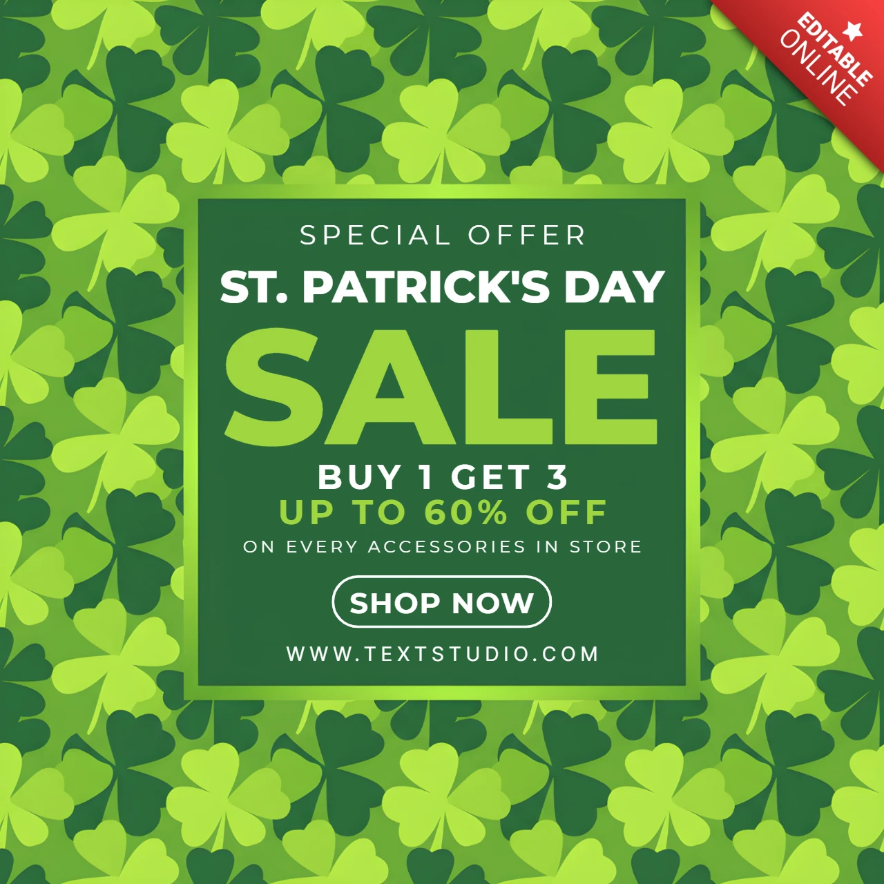 Plakatdesign-Vorlage für den St. Patrick's Day-Verkauf mit Kleeblättern, grünem Hintergrund und festlicher Typografie