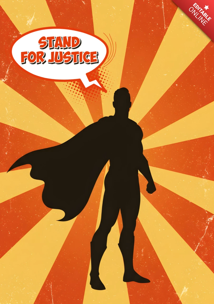 Stand für Gerechtigkeit Superheld Silhouette mit strahlendem Hintergrundposter-Designvorlage