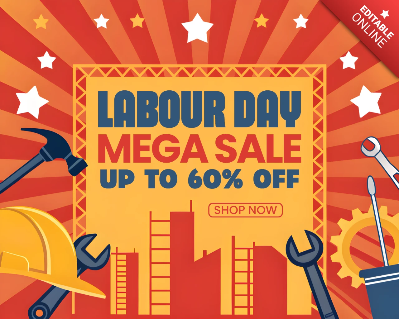 Modèle de promotion pour la méga vente de la fête du travail - conception graphique audacieuse pour la construction et les outils