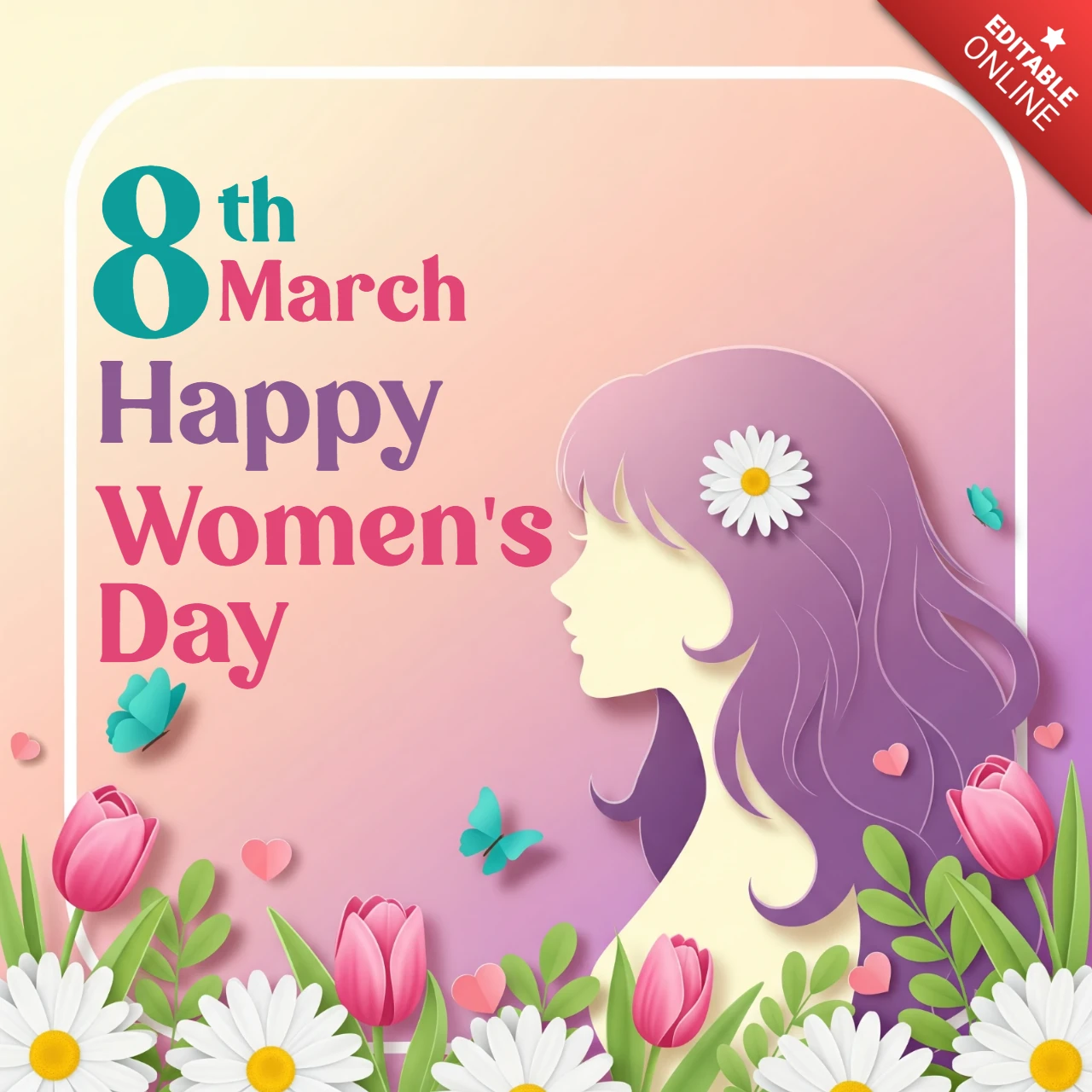 Bannière de célébration de la journée des femmes mettant en avant un profil féminin, des fleurs, des papillons et un thème féminin festif.