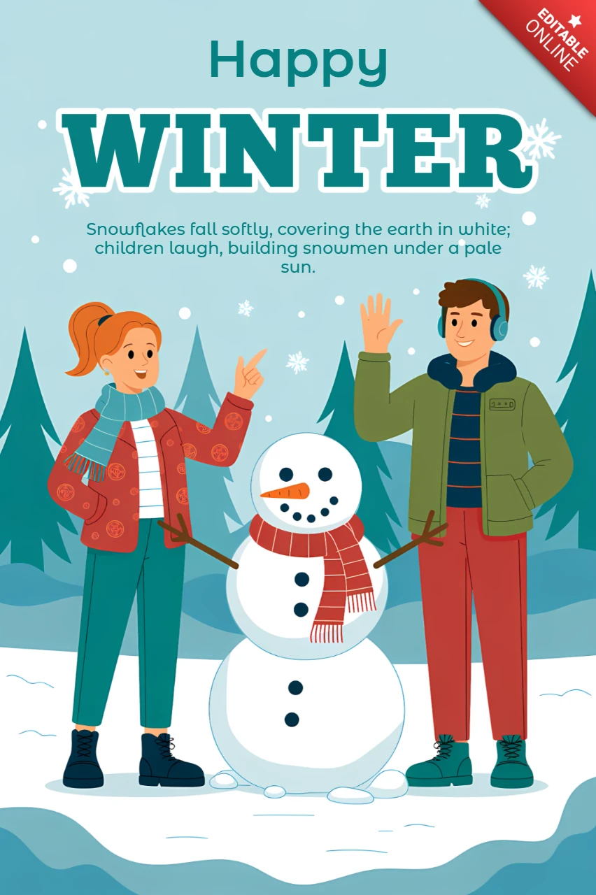 Winter Fun Design Template Featuring Children and Snowman for Holiday Greeting Cards