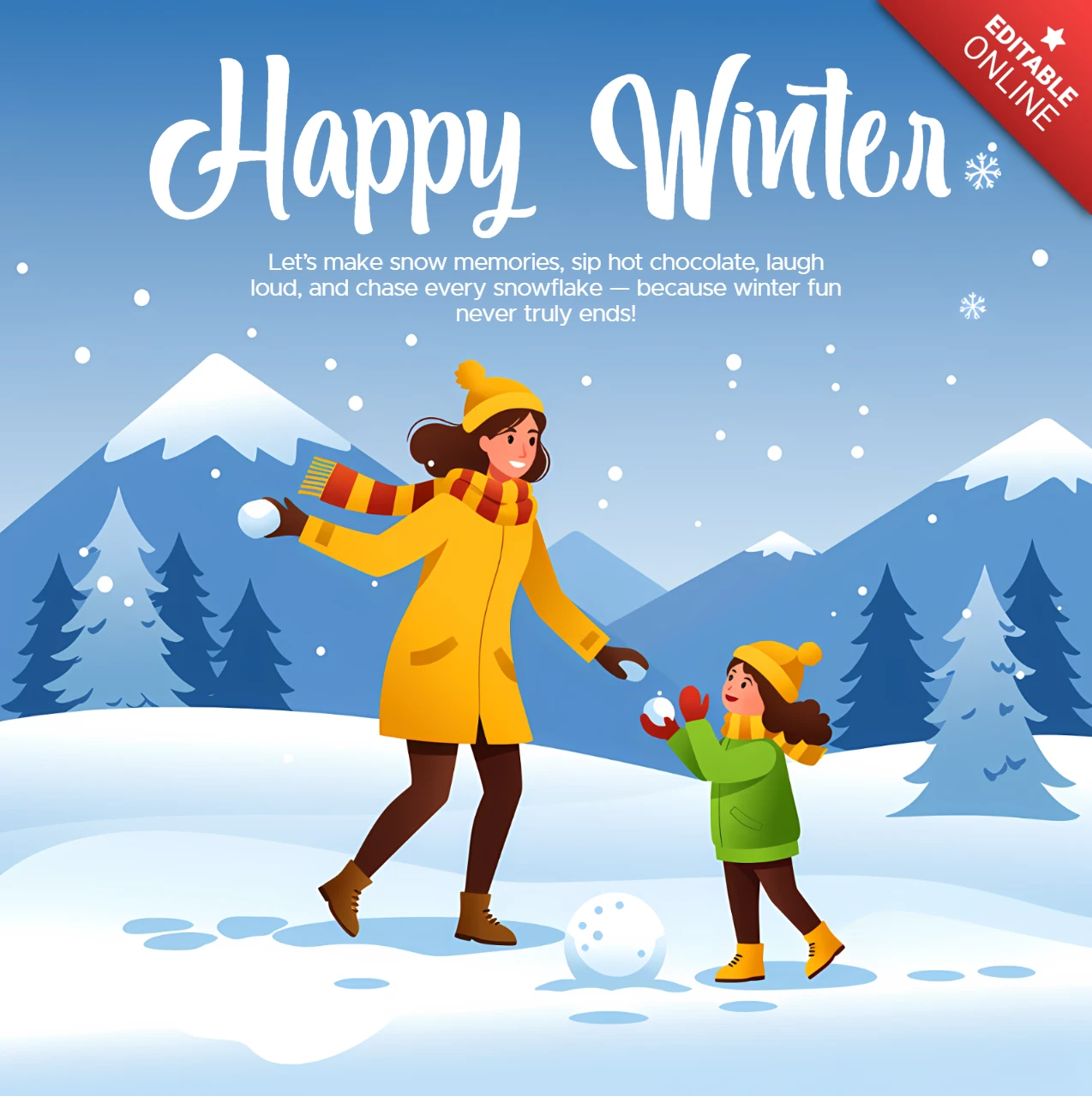 Plantilla de diseño divertida de invierno para tarjetas de felicitación navideñas con paisaje nevado y familia juguetona.