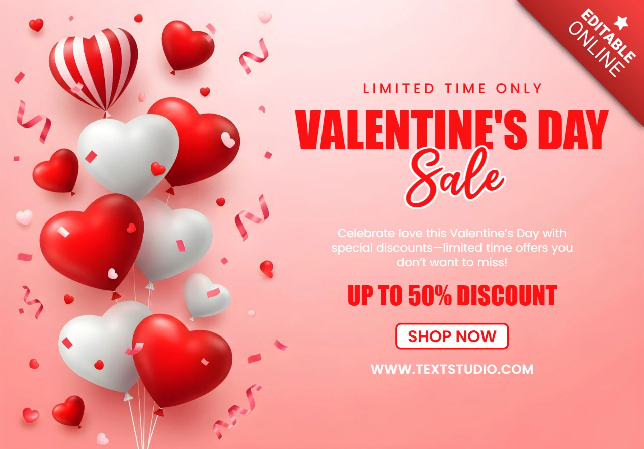Plantilla de venta del día de San Valentín con diseño de globos en forma de corazón para volantes promocionales.