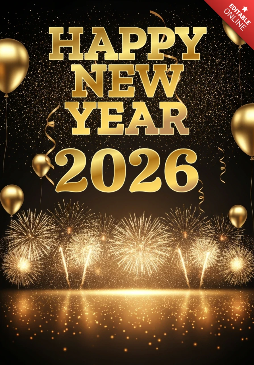 New Year Greeting Template Bold 2026 Design with Golden Streamers and Reflective Firework Display